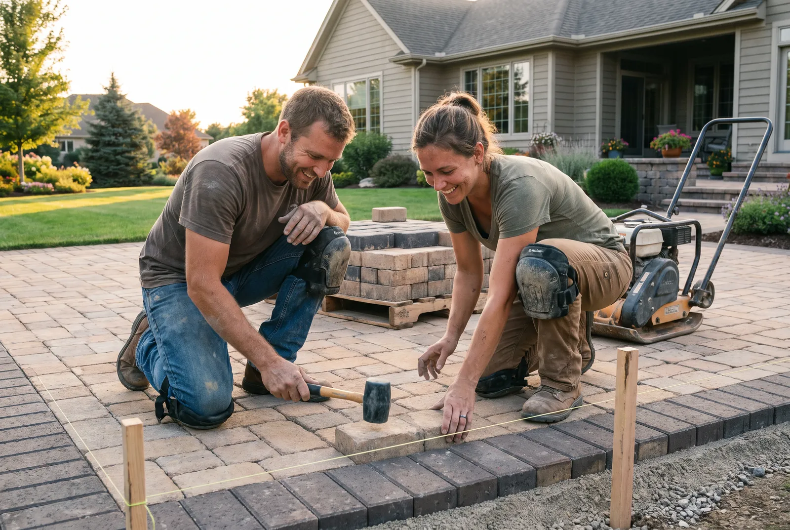 A couple setting the last pavers of their herringbone patio along a string line