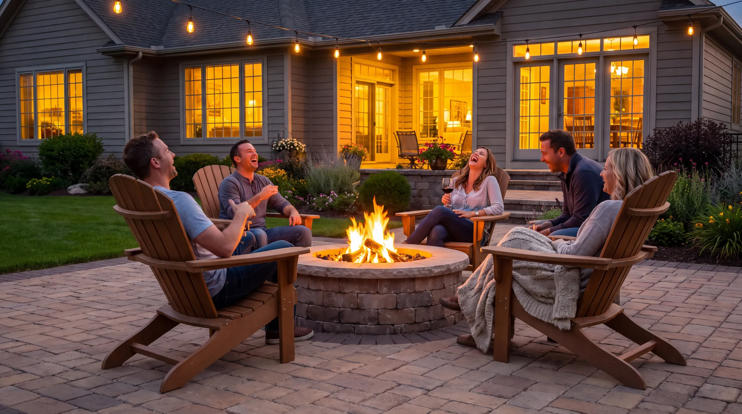Friends laughing around a fire pit on a herringbone paver patio under string lights