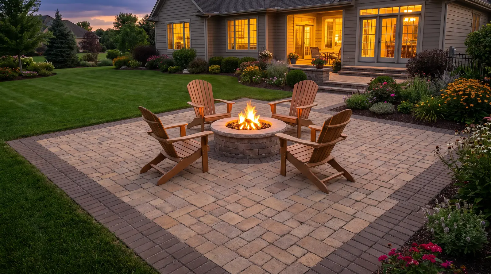 Four chairs around a lit fire pit on a finished paver patio at dusk