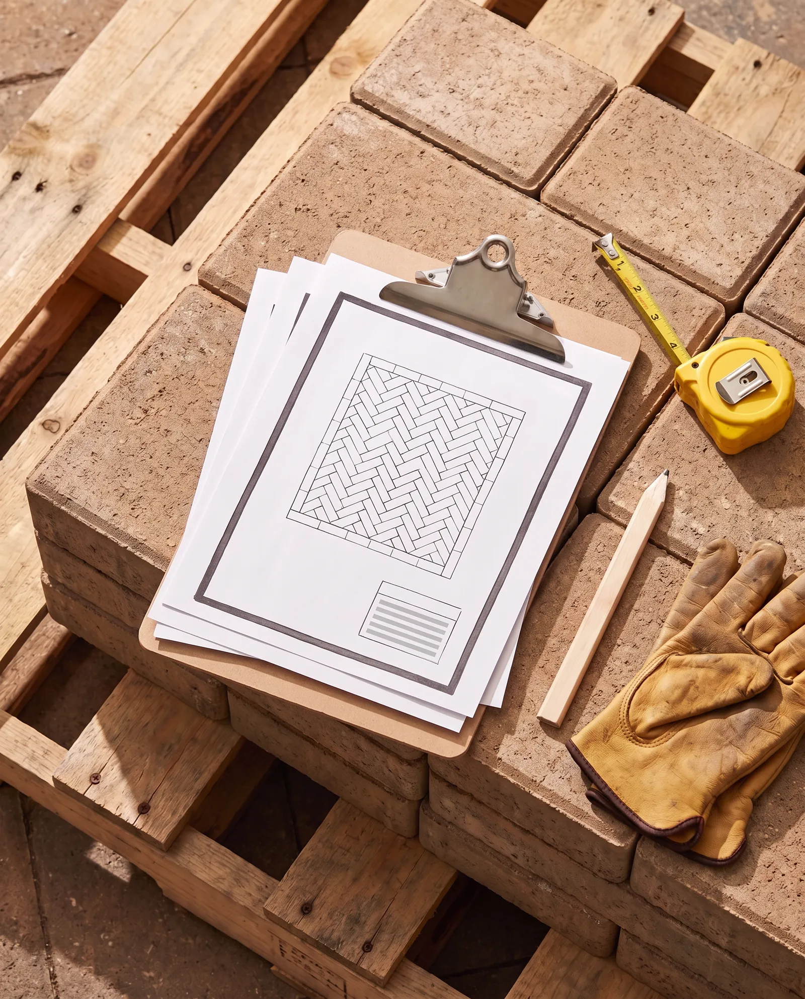 A printed patio plan on a clipboard resting on a pallet of pavers